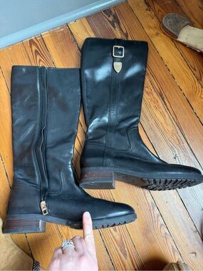 Coach Black Leather Knee-High Riding Boots with Gold Tone Buckle